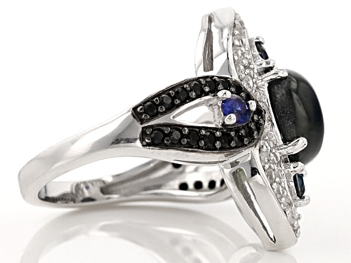 2.72ctw Blue Star Sapphire, Black Spinel, Blue Sapphire, And White Zircon Sterling Silver Ring - Size 8