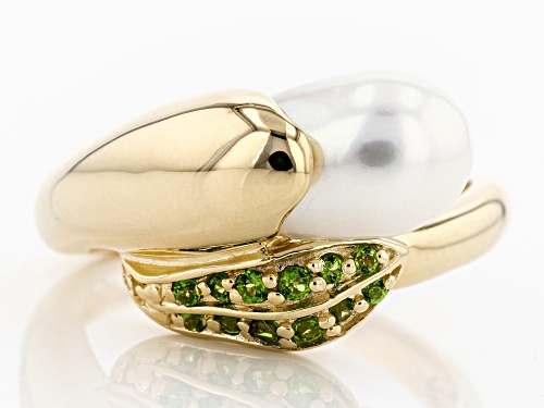 7-7.5mm Cultured Freshwater Pearl & Chrome Diopside 18k Yellow Gold Over Silver Ring - Size 12