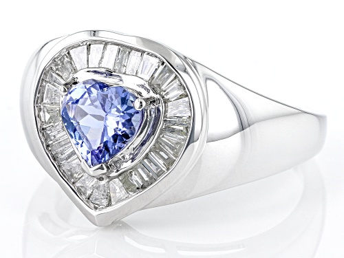 0.71ct Tanzanite With 0.36ctw Tapered Baguette White Diamond Rhodium Over 10K White Gold Heart Ring - Size 6