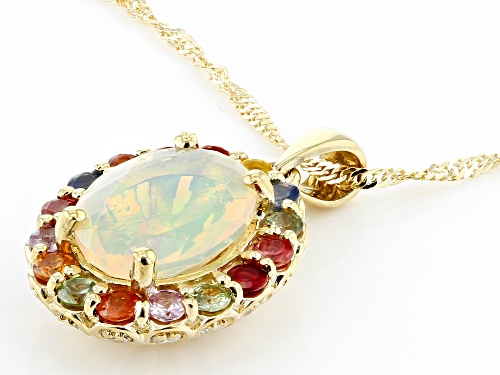 1.25ct Ethiopian Opal & 0.68ctw Multi-Color Sapphire,0.23ctw Diamond 10K Yellow Gold Pendant Chain
