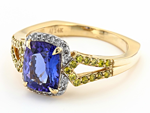 2.04ctw Tanzanite With 0.42ctw White And Yellow Diamond 14K Gold Ring - Size 9