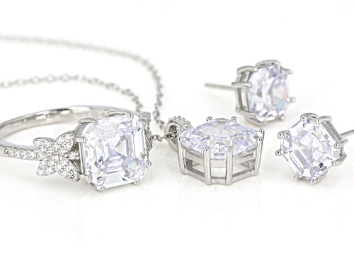 Bella Luce® 12.56ctw Asscher Cut Rhodium Over Sterling Silver Earrings, Ring, And Pendant With Chain