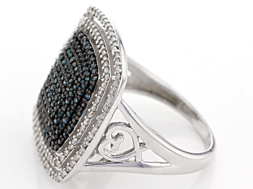 .75ctw Round Blue And White Diamond Rhodium Over Sterling Silver Ring - Size 7