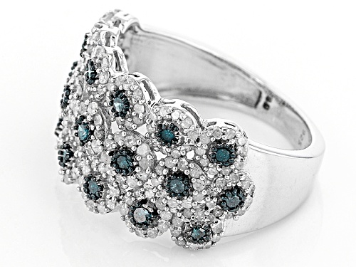 1.06ctw Round Blue And White Diamond Rhodium Over Sterling Silver Ring - Size 8