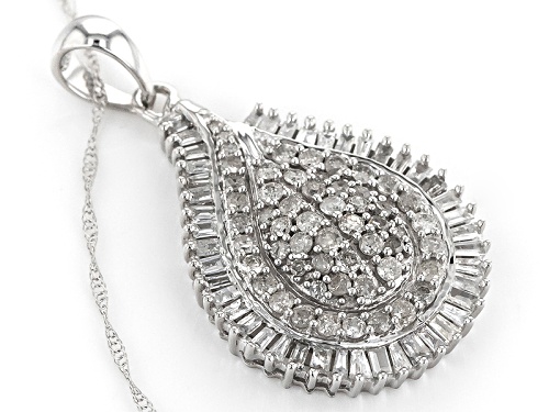 .85ctw Round And Baguette White Diamond 10k White Gold Pendant With An 18inch Chain