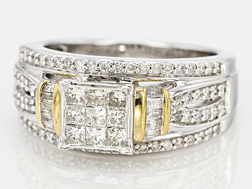 1.00ctw Round,Baguette & Princess Cut Diamond 10k White Gold Ring W/ 10k Yellow Gold Accent Plating - Size 7
