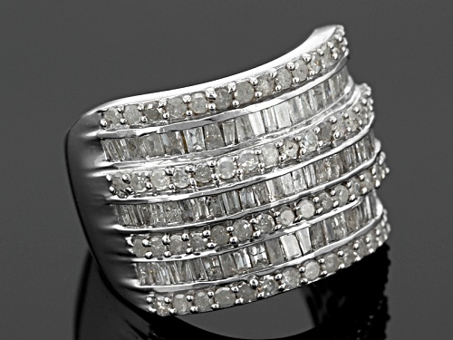 2.00ctw Round And Baguette White Diamond Rhodium Over Sterling Silver Ring - Size 7