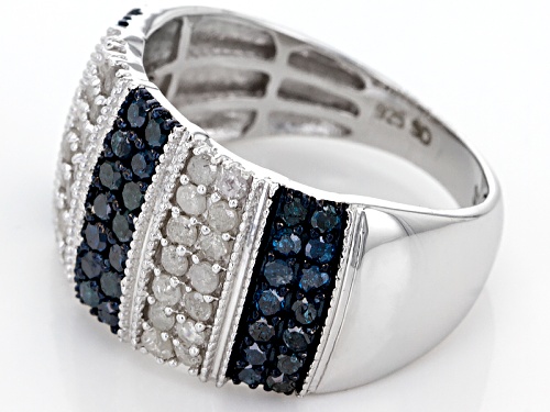 1.17ctw Round Blue And White Diamond Rhodium Over Sterling Silver Ring - Size 5