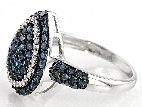 1.00ctw Round Blue and White Diamond Rhodium over Sterling Silver Ring - Size 5