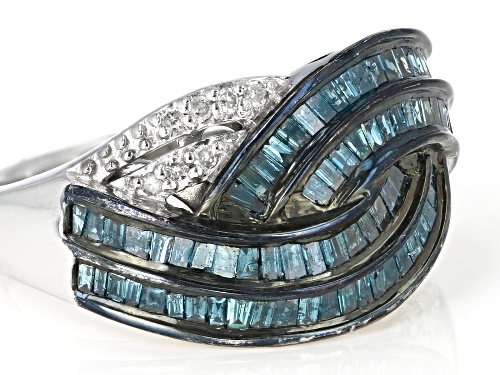1.00ctw Baguette And Round Blue And White Diamond Rhodium Over Sterling Silver Ring - Size 7