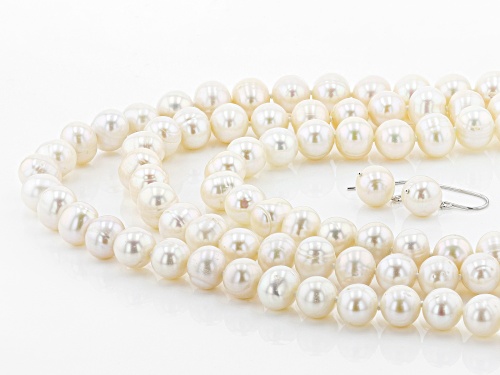 10-12mm White Cultured Freshwater Pearl Sterling Silver 18, 24, 36 inch Necklace & Earring Set