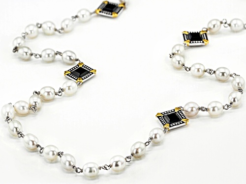 7-8MM White Cultured Freshwater Pearl & Black Onyx Rhodium Over Sterling Silver Strand Necklace