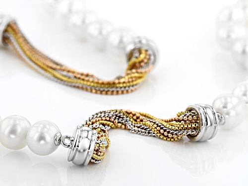 7-8MM WHITE CULTURED FRESHWATER PEARL RHODIUM & 14K ROSE & YELLOW GOLD OVER BRONZE STRAND NECKLACE