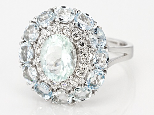 3.55ctw Oval Aquamarine with .62ctw Round White Zircon Rhodium Over Sterling Silver Ring - Size 9