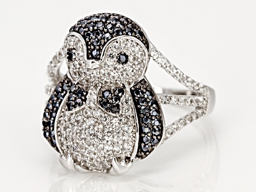 .48ctw Round Black Spinel With 1.16ctw Round White Zircon Rhodium Over Sterling Silver Penguin Ring - Size 5