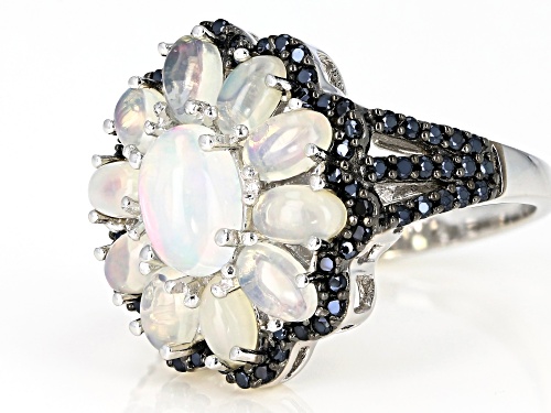 Oval Ethiopian Opal With .86ctw Round Black Spinel Rhodium Over Sterling Silver Ring - Size 8