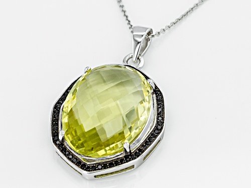 22.00ctw Oval Lemon Quartz With 0.50ctw Black Spinel Rhodium Over Sterling Silver Pendant With Chain