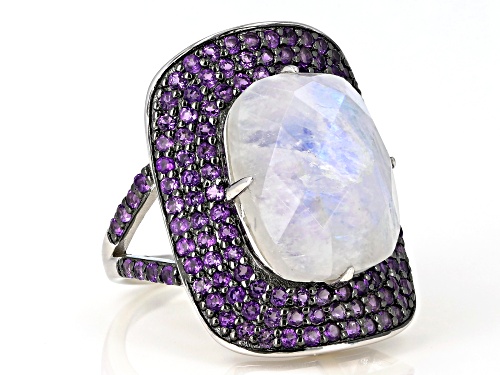 10.00ct Rectangular Cushion Moonstone With 1.75ctw Purple Amethyst Rhodium Over Silver Ring - Size 6