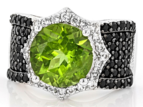 4.05ct Round Peridot With 0.95ctw Black Spinel, And 0.55ctw White Zircon Rhodium Over Silver Ring - Size 8