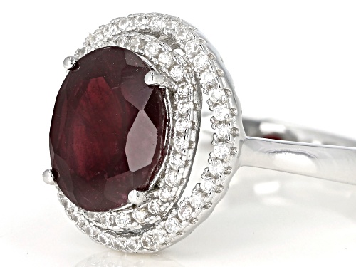 3.49ct Oval Mahaleo® Ruby With 0.51ctw Round White Zircon Rhodium Over Silver Ring - Size 9