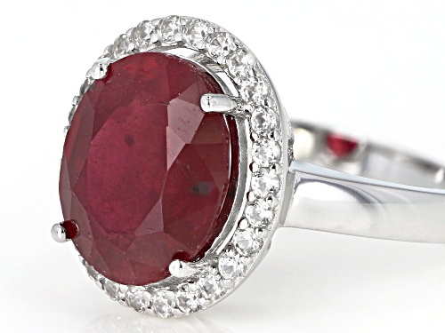 3.75ct Oval Mahaleo® Ruby  With 0.52ctw Round White Zircon Rhodium Over Silver Ring - Size 9