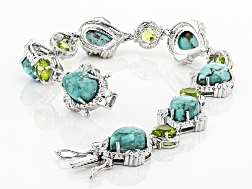 Blue Kingman Turquoise With 7.5ctw Round Green Peridot Rhodium Over Sterling Silver Line Bracelet - Size 6.75