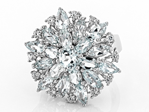 5.37ctw Mixed Shape Aquamarine and 0.52ctw Round White Zircon Rhodium Over Sterling Silver Ring - Size 7