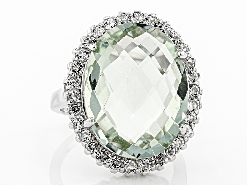14.00ct Oval Criss/Cross Cut Green Prasiolite  With .50ctw White Topaz Rhodium Over Silver Ring - Size 9