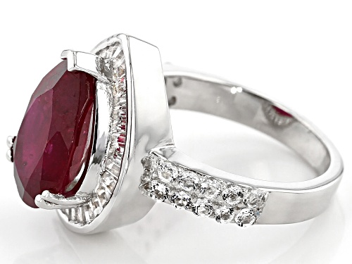 4.25ct Pear Shape Mahaleo(R) Ruby, 2.00ctw Baguette and Round White Topaz, Rhodium Over Silver Ring - Size 6