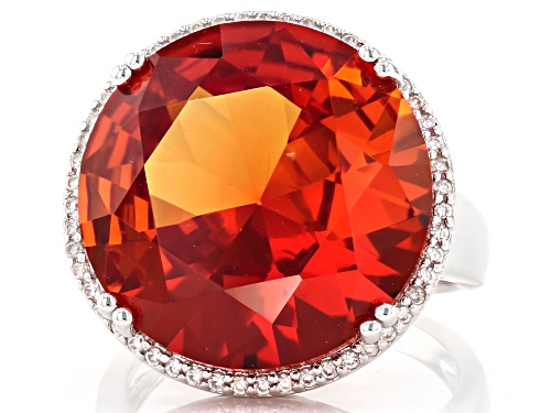 25.00ct Round Lab Created Padparadscha Sapphire With .40ctw White Zircon Rhodium Over Silver Ring - Size 10
