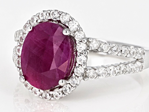 1.25ct  Round Burmese Ruby With .75ctw Round White Zircon Rhodium Over Sterling Silver Ring - Size 7