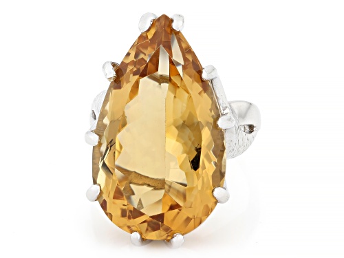 20.00ct Pear Shape Citrine Solitaire Rhodium Over Sterling Silver Ring - Size 7