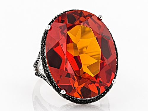 32.00ct Lab Created Padparadscha Sapphire W/ 0.60ctw Black Spinel Rhodium Over Sterling Silver Ring - Size 7