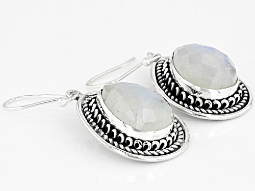 12x16mm Checkerboard Pear Shape Rainbow Moonstone Solitaire Sterling Silver Dangle Earrings
