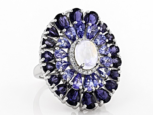 8x6mm Oval Moonstone With 7.73ctw Iolite, Tanzanite and White Zircon Rhodium Over Silver Ring - Size 7