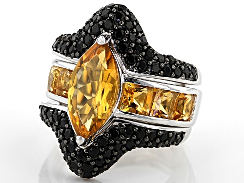 5.15ctw Marquise and Citrine With 1.29ctw Round Black Spinel Rhodium Over Silver Ring Guard Set - Size 7