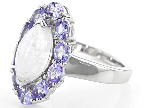1.60ctw Oval Tanzanite With 12x6mm Marquise Rainbow Moonstone Rhodium Over Sterling Silver Ring - Size 7