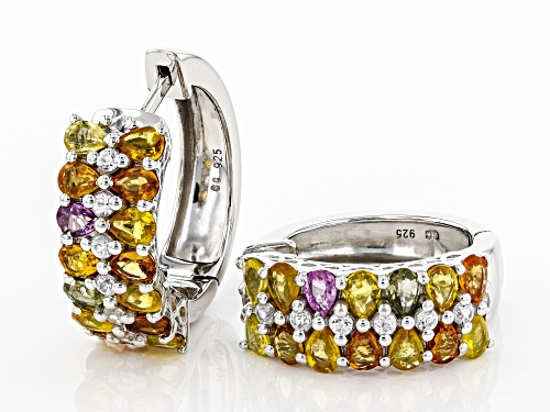 5.05ctw Mixed-color Sapphire With .76ctw Round White Zircon Rhodium Over Silver Hoop Earrings