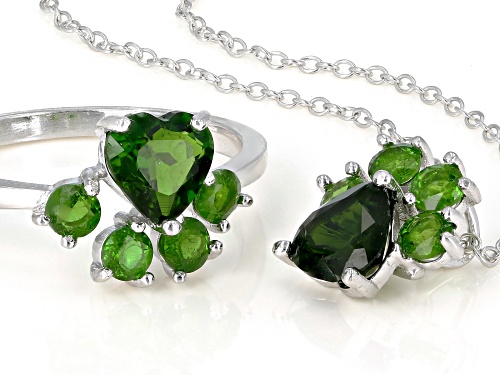 2.76ctw Heart Shape & Round Chrome Diopside Rhodium Over Silver Ring and Slide with Chain Set