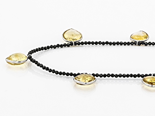 30ctw Pear Shape Citrine with 17ctw Black Spinel Bead Rhodium Over Sterling Silver Necklace - Size 18