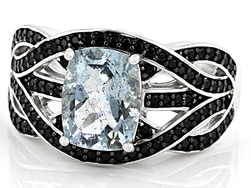 1.90ctw Aquamarine With 0.53ctw Round Black Spinel Rhodium Over Sterling Silver Ring - Size 8