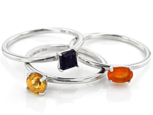 1.30ctw Mixed Shape Carnelian, Citrine & Iolite Rhodium Over Silver Set of 3 Solitaire Rings - Size 7