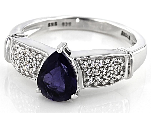 1.00ctw Pear Shape Iolite With 0.33ctw Round White Zircon Rhodium Over Sterling Silver Ring - Size 7