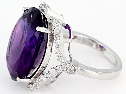 13.50ctw Oval Amethyst With 0.50ctw White Zircon Rhodium Over Sterling Silver Ring - Size 7