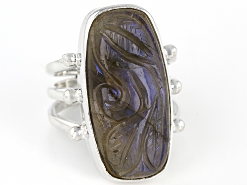 24x12mm Hand Carved Rectangular Cushion Labradorite Solitaire Sterling Silver Ring - Size 7