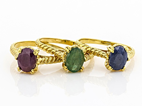 4.70CTW OVAL EMERALD, RUBY & BLUE SAPPHIRE 18K GOLD OVER STERLING SILVER SET OF 3 SOLITAIRE RINGS - Size 8