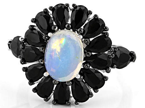 9x7mm White Opal With 2.00ctw Pear Shape Black Spinel Rhodium Over Sterling Silver Ring - Size 8