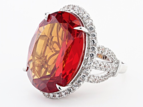 30.00ctw Lab Created Padparadscha Sapphire With 1.75ctw White Zircon Rhodium Over Silver Ring - Size 7