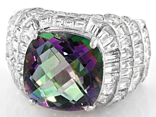 2.50ct Cushion Mystic Quartz With 4.50ctw Baguette White Topaz Rhodium Over Sterling Silver Ring - Size 7