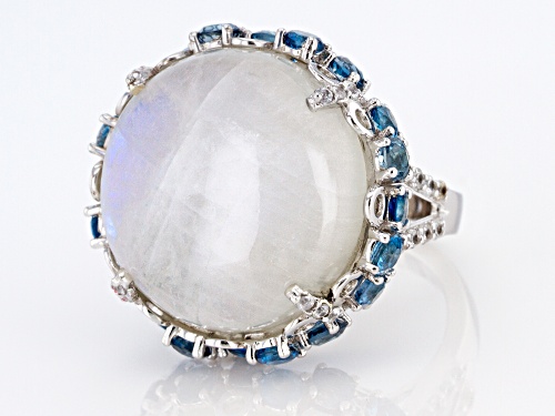20mm Moonstone With 2.85ctw Blue Topaz And .60ctw White Zircon Rhodium Over Sterling Silver Ring - Size 7